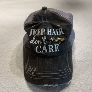 Black and Gray Cap with Embroidered “JEEP HAIR don’t CARE with Yellow Jeep”